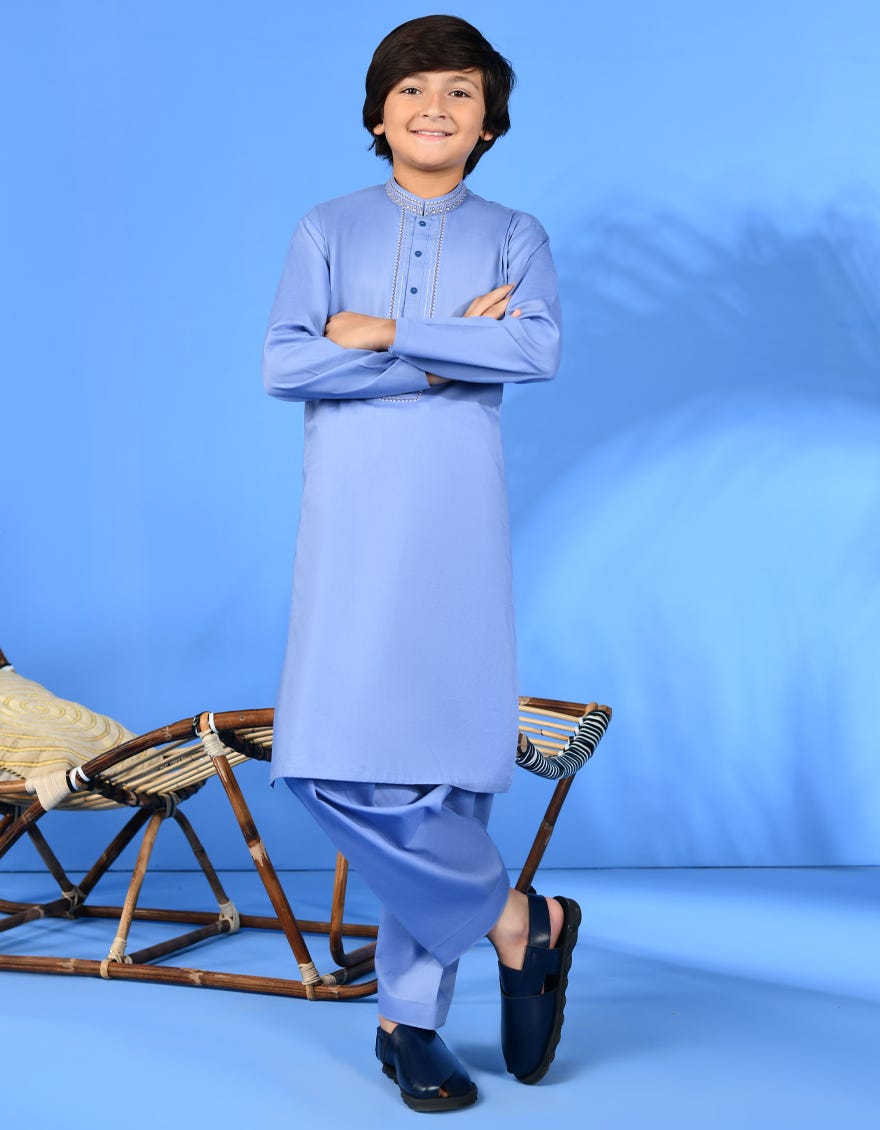 Sky Blue Cotton Kid's Kameez Shalwar | Jcks-A-38986