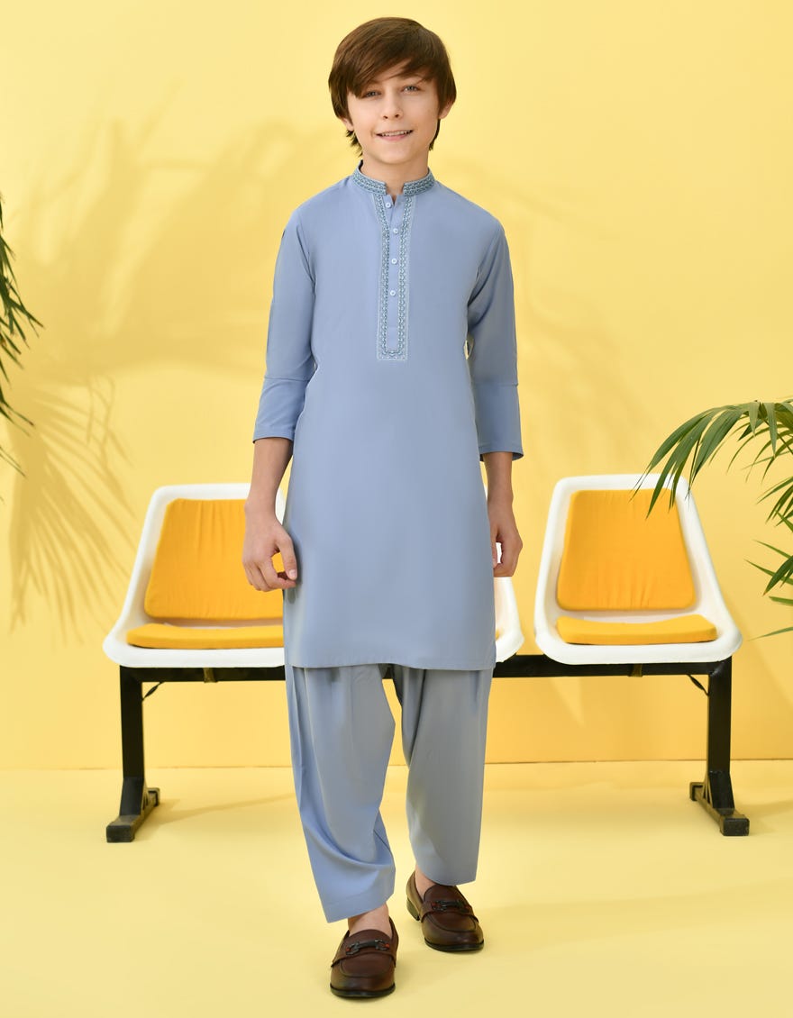 Grey-Blue Blended Kid's Kameez Shalwar | Jcks-S-38987