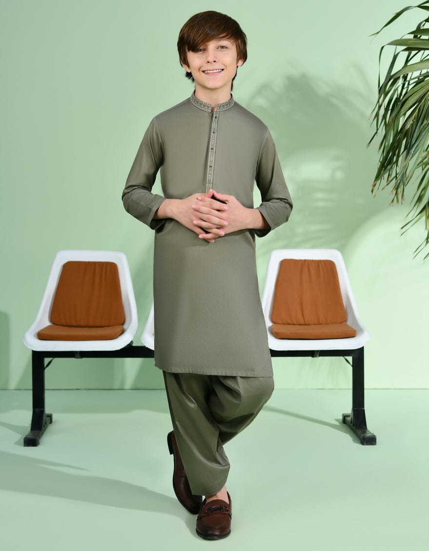 Olive Green Cotton Kid's Kameez Shalwar | Jcks-A-38989