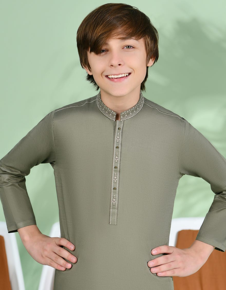Olive Green Cotton Kid's Kameez Shalwar | Jcks-A-38989