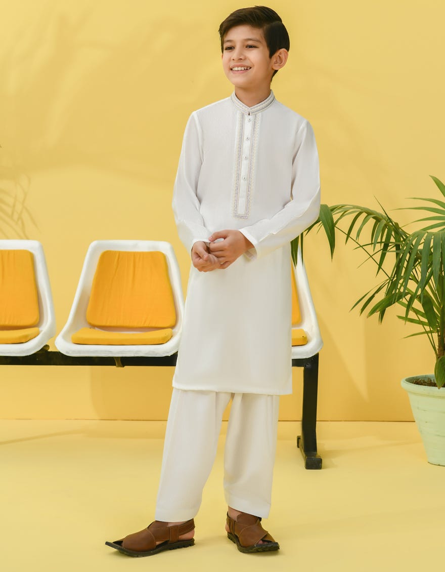 White Blended Kid's Kameez Shalwar | Jcks-A-38991