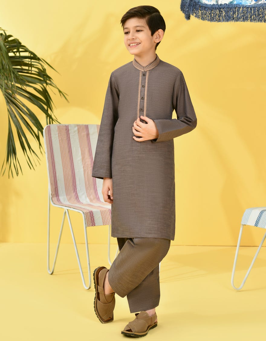 Brown Cotton Kid's Kameez Shalwar | Jcks-S-38999
