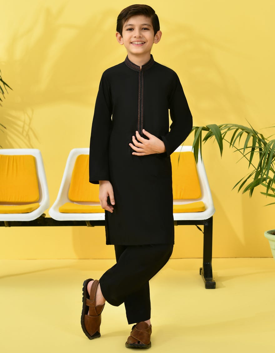 Black Cotton Kid's Kameez Shalwar | Jcks-S-39022