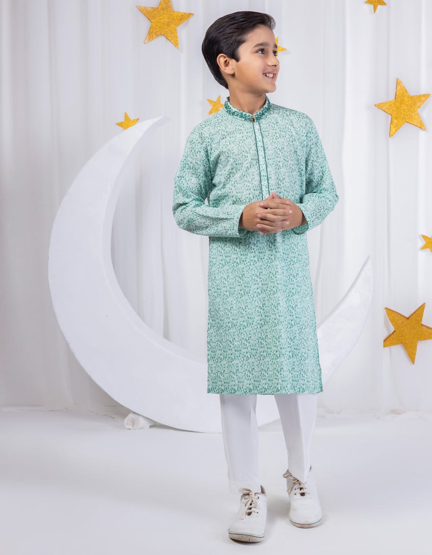 Green Cotton Kid's Kurta | Jck-S-39039