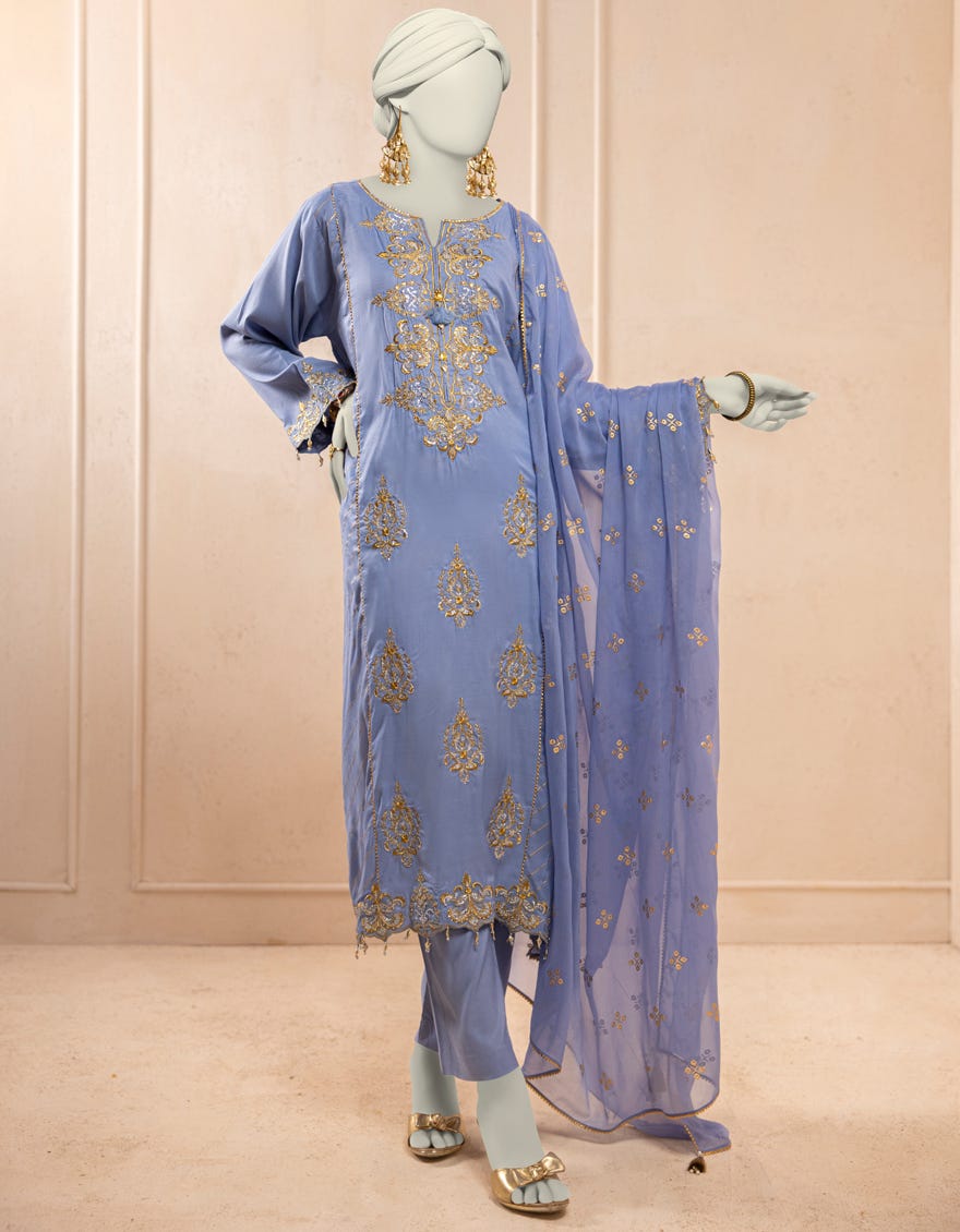 BLUE SILK EMBROIDERED 3PC STITCHED