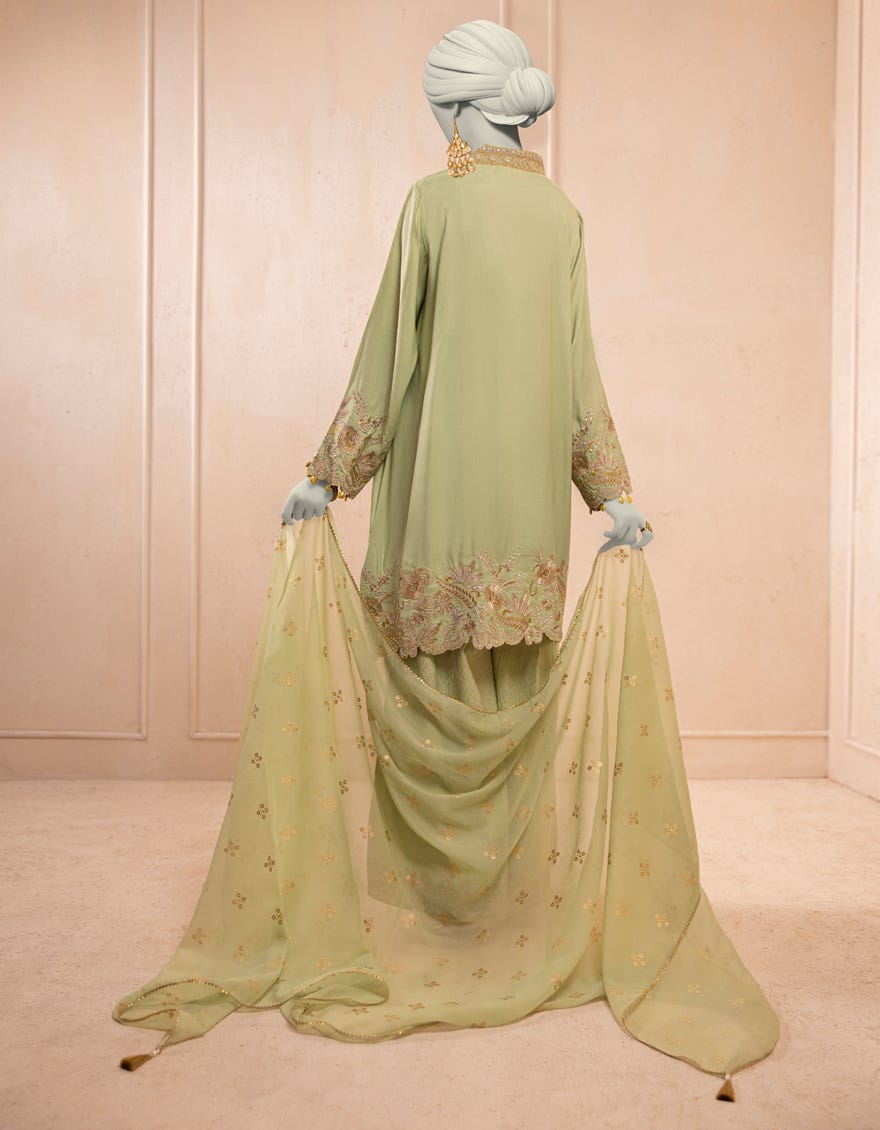 GREEN ORGANZA EMBROIDERED 3PC STITCHED