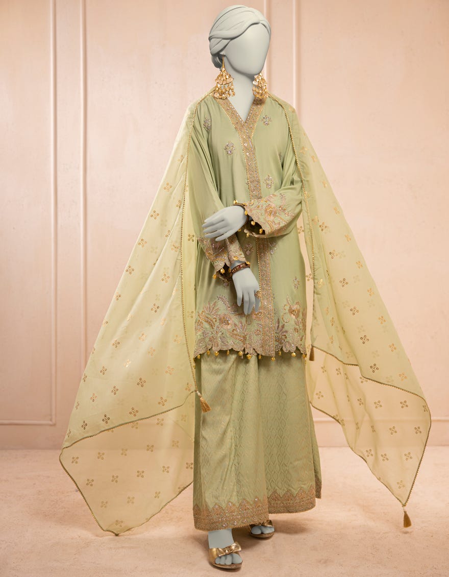 GREEN ORGANZA EMBROIDERED 3PC STITCHED