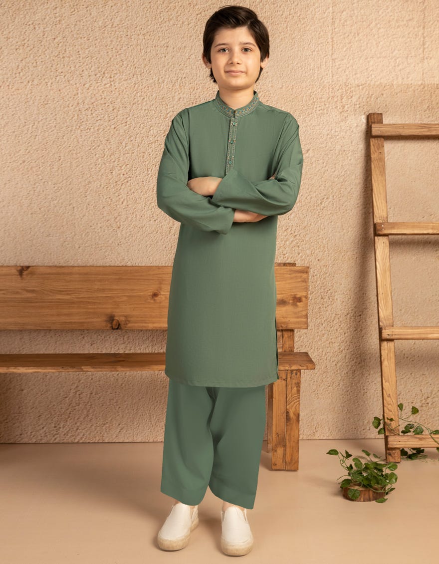 GREEN BLENDED SEMI-FORMAL KAMEEZ SHALWAR