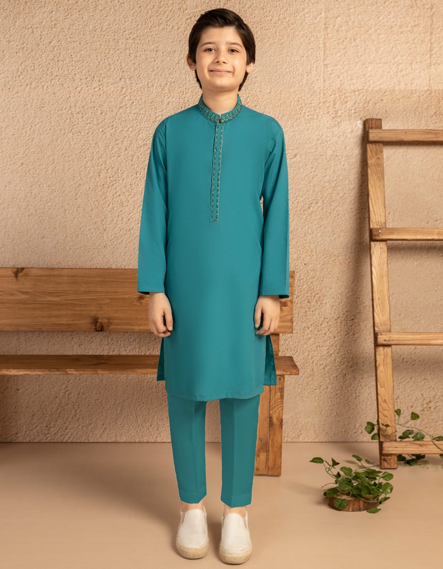 TURQUOISE BLENDED SEMI-FORMAL KURTA TROUSER