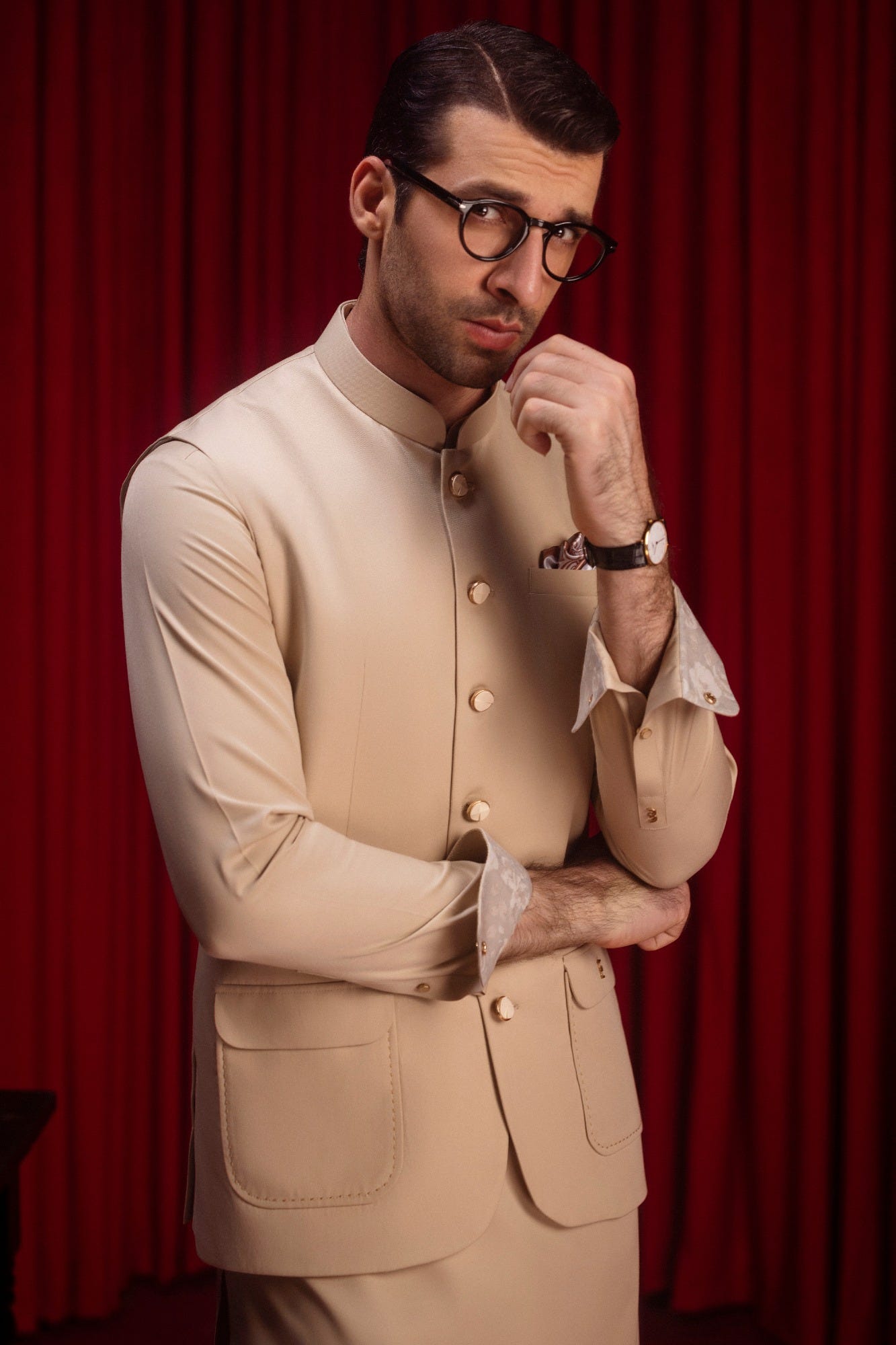 SAINT PAUL - KHAKI BLENDED KAMEEZ SHALWAR & WAISTCOAT