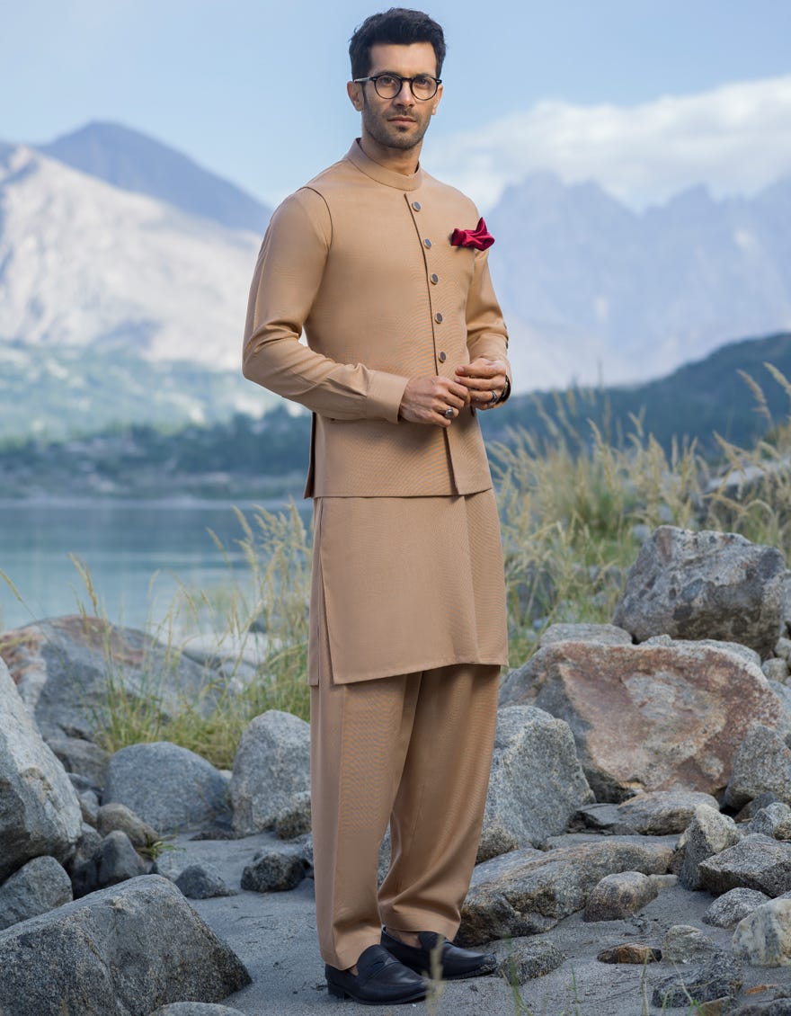 CAMEL BLENDED WAISTCOAT & KAMEEZ SHALWAR & WAISTCOAT | JJKSVC-40150