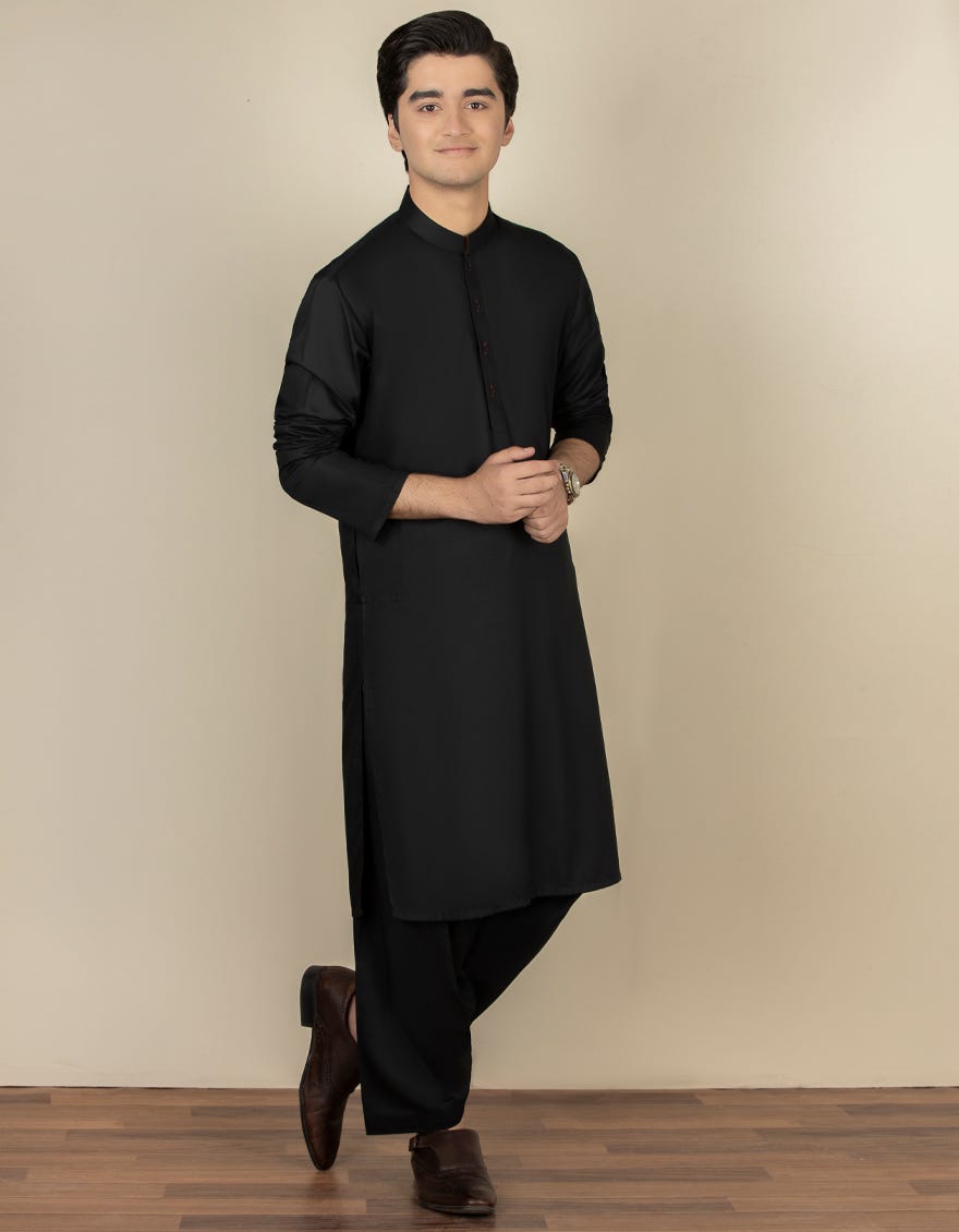 Black Blended Teen Boy's Kameez Shalwar | Jtks-A-40200-R8-Ap