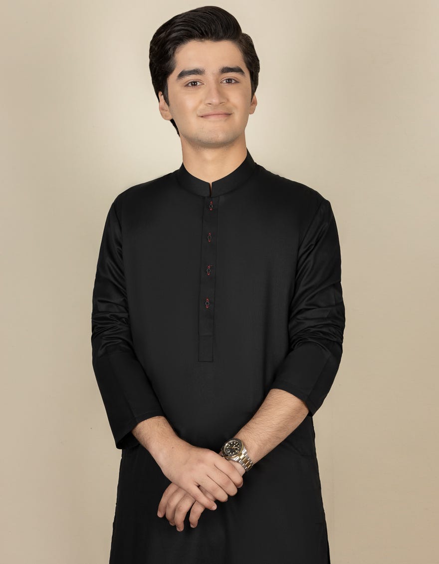 Black Blended Teen Boy's Kameez Shalwar | Jtks-A-40200-R8-Ap