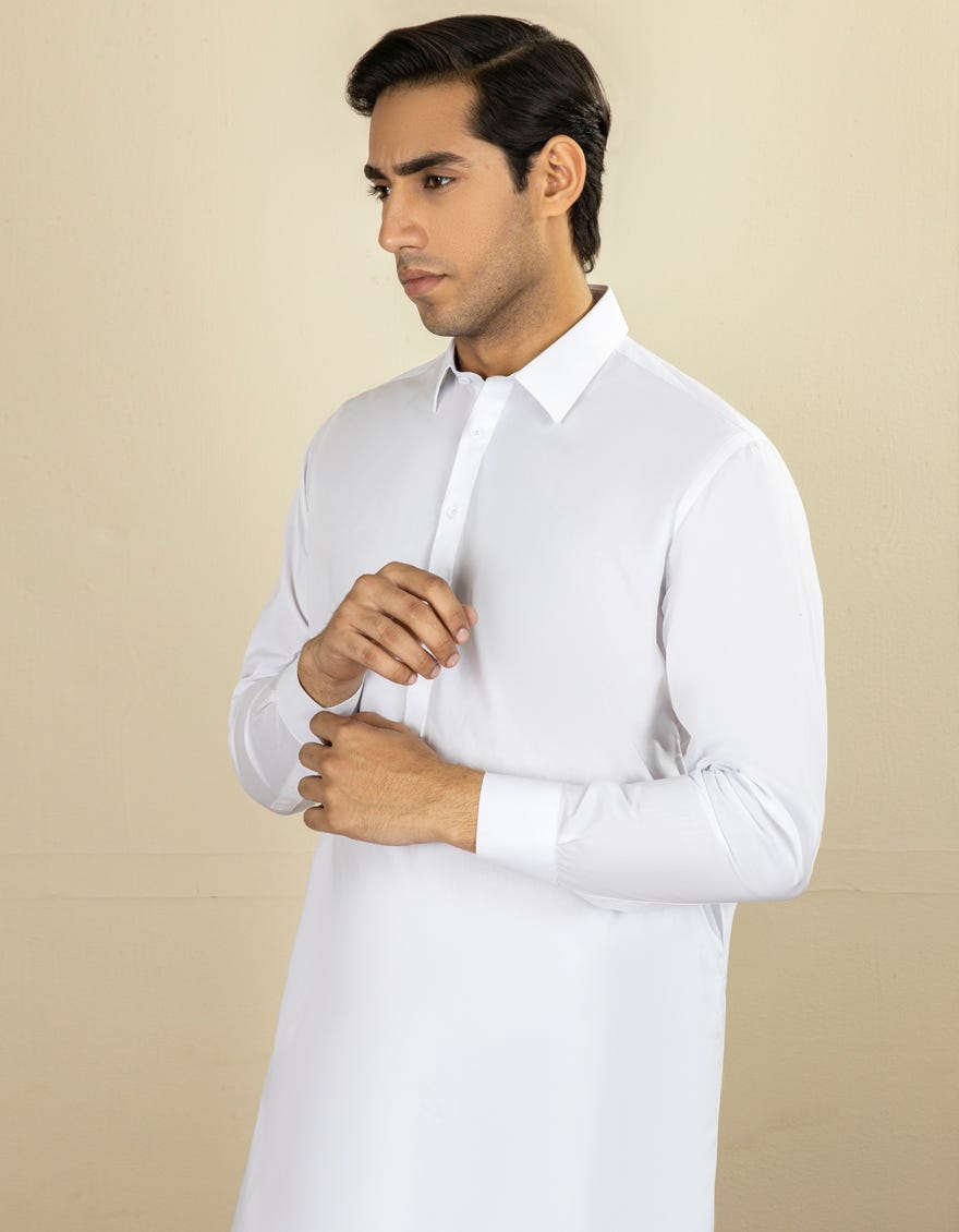 White Cotton Men's Kameez Shalwar | Jjks-A-40202-R3