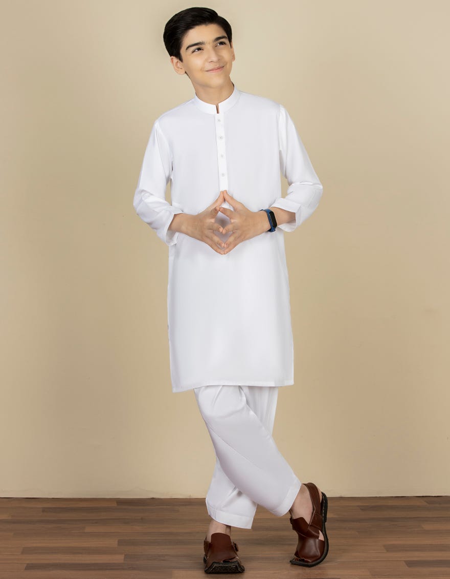 White Blended Kid's Kameez Shalwar | Jcks-A-40222-R8-Ap
