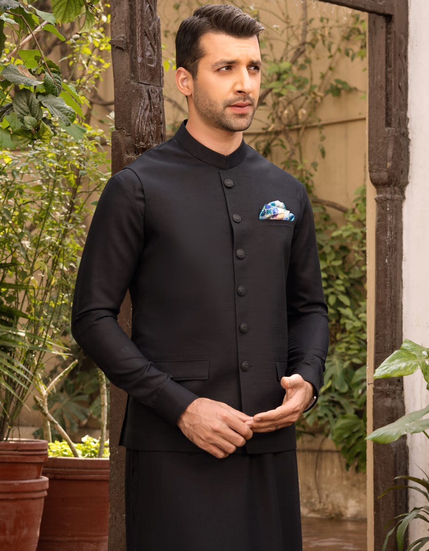 BLACK BLENDED KAMEEZ SHALWAR & WAISTCOAT | JJKSVC-40257
