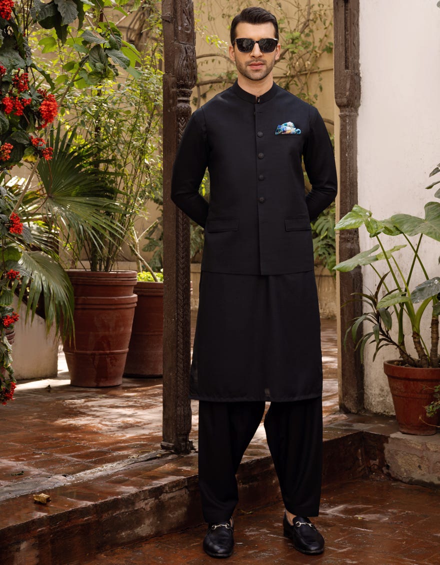 BLACK BLENDED KAMEEZ SHALWAR & WAISTCOAT | JJKSVC-40257