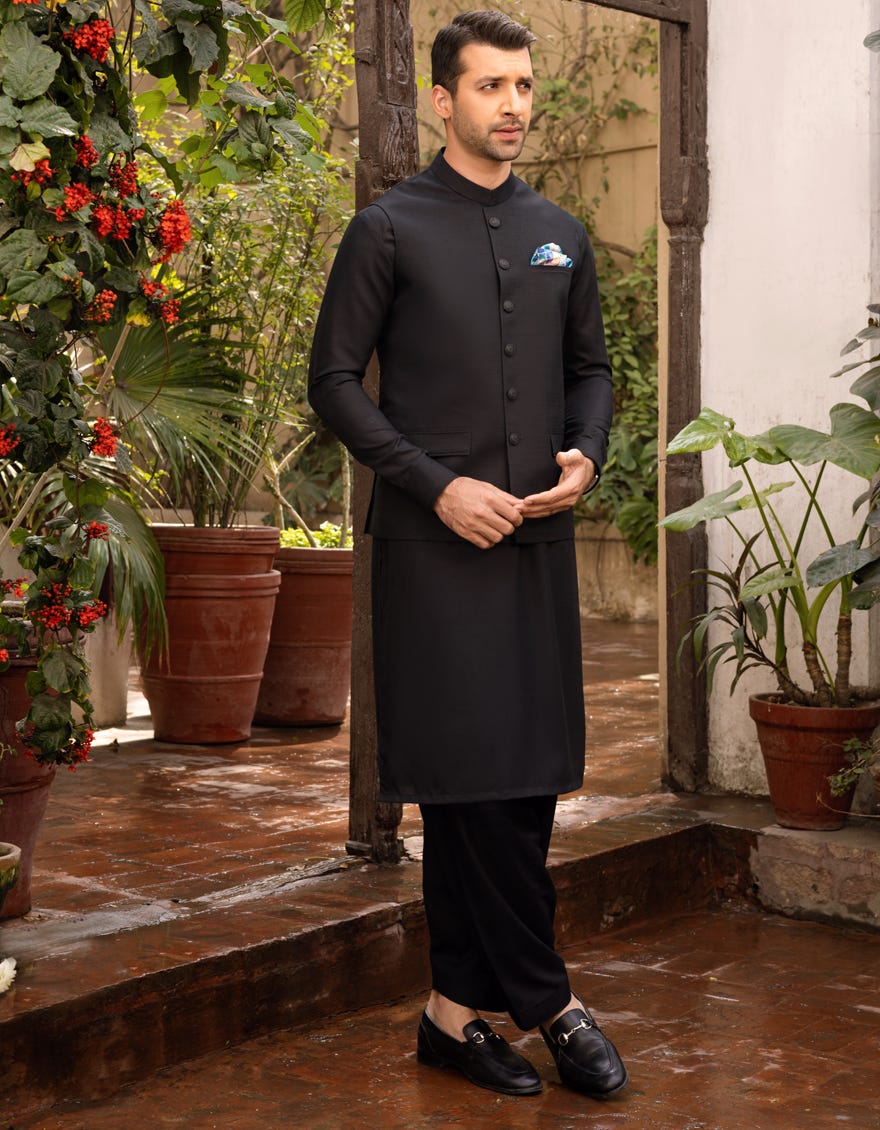BLACK BLENDED KAMEEZ SHALWAR & WAISTCOAT | JJKSVC-40257