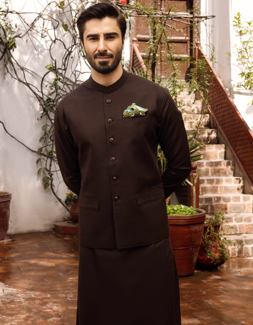 BLACK COFFEE BLENDED KAMEEZ SHALWAR & WAISTCOAT | JJKSVC-40260