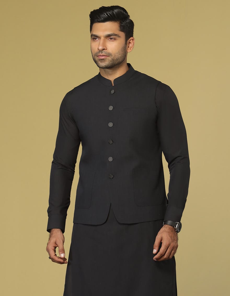 CHARCOAL GREY BLENDED KAMEEZ SHALWAR & WAISTCOAT | JJKSVC-40317