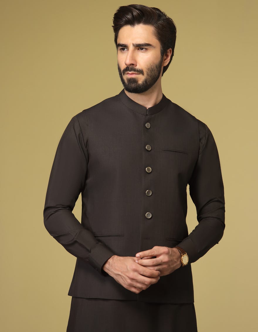 COFFEE BROWN BLENDED KAMEEZ SHALWAR & WAISTCOAT | JJKSVC-40318