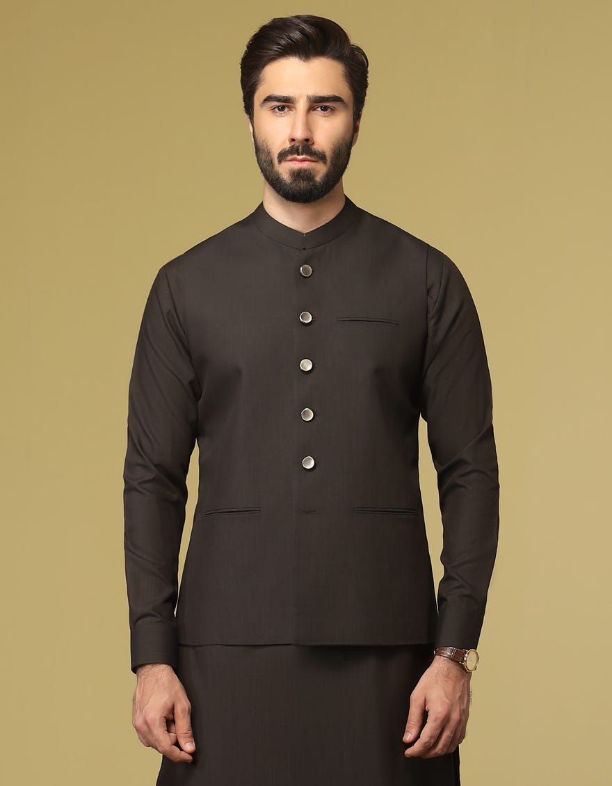 COFFEE BROWN BLENDED KAMEEZ SHALWAR & WAISTCOAT | JJKSVC-40318