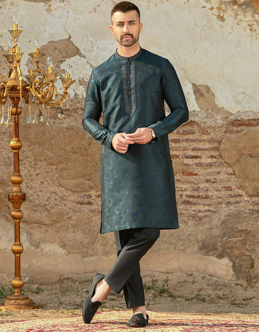 EMERALD GREEN POLYESTER SPECIAL KURTA | JJK-SP-43047