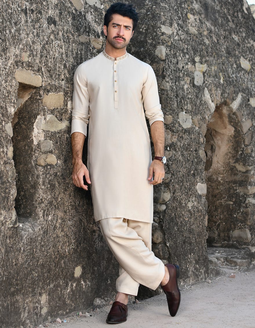 BEIGE BLENDED KAMEEZ SHALWAR | JJKS-45120