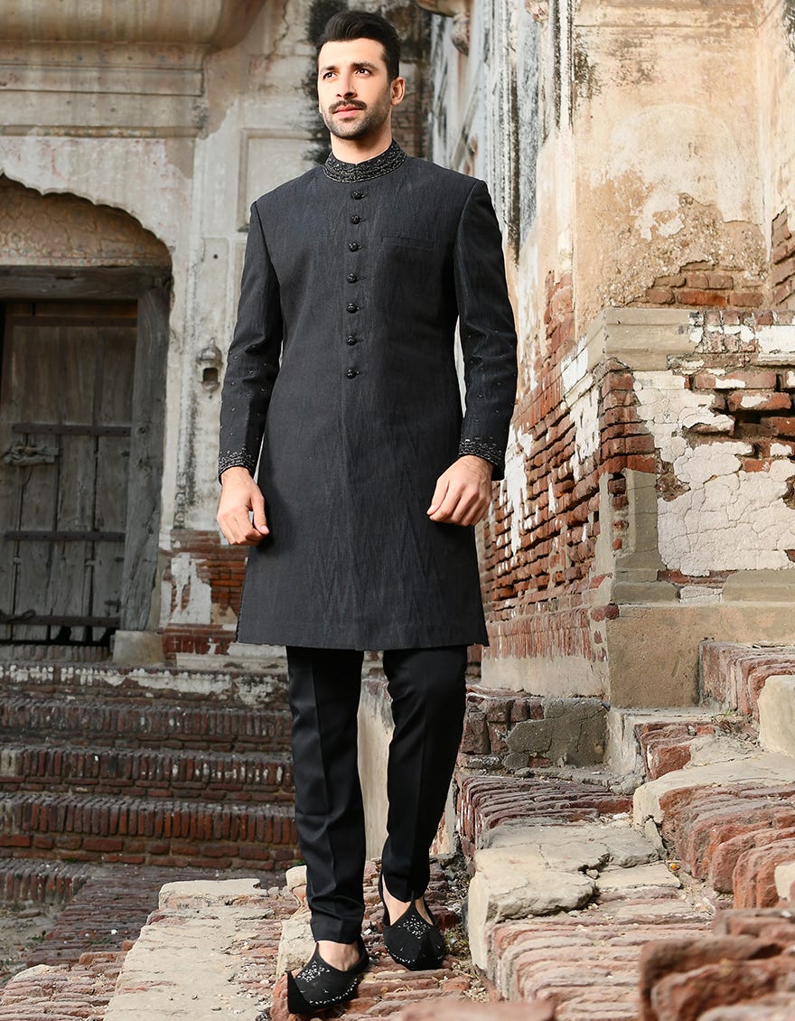 Black-Blue Sherwani | Jjsw-45128