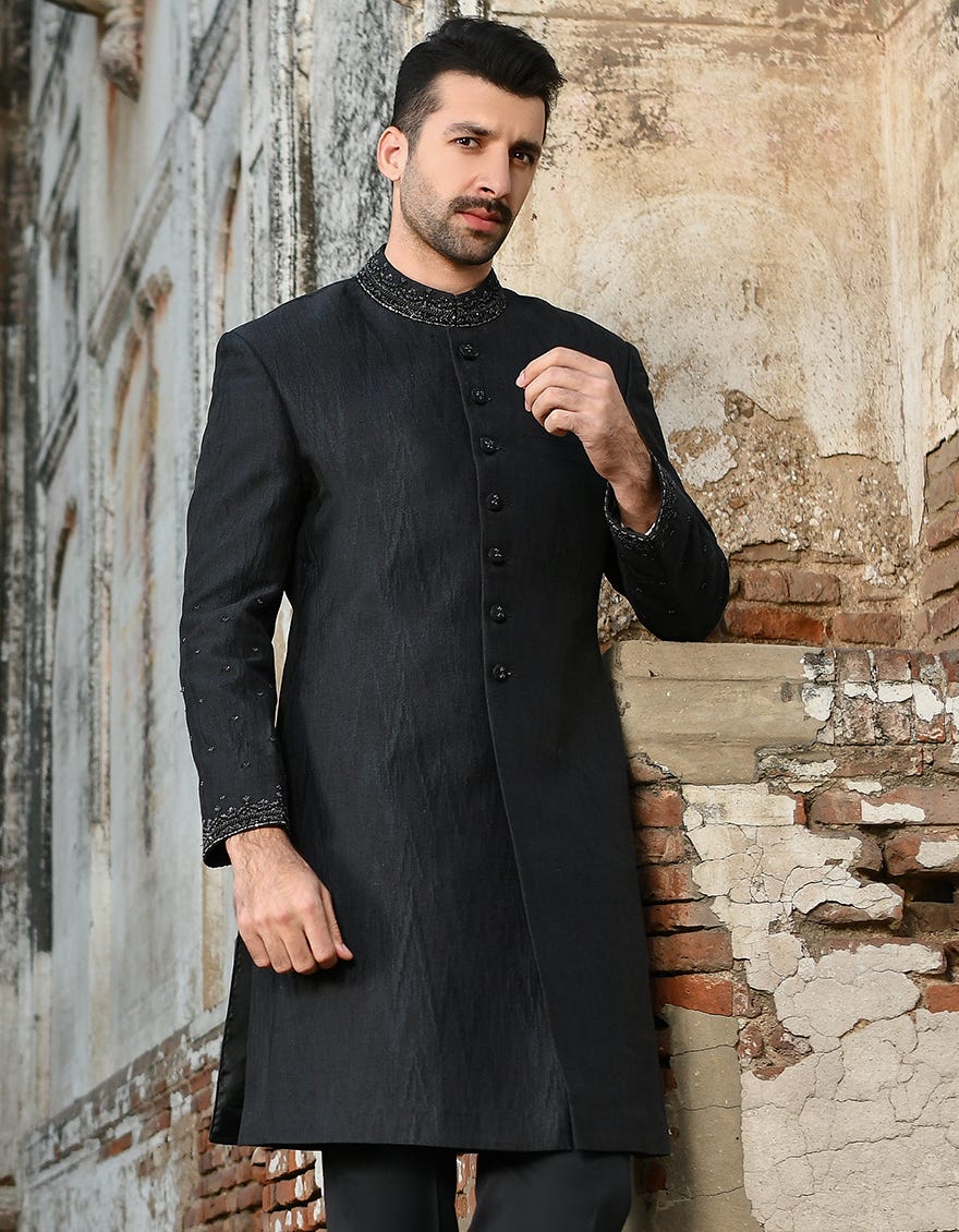Black-Blue Sherwani | Jjsw-45128