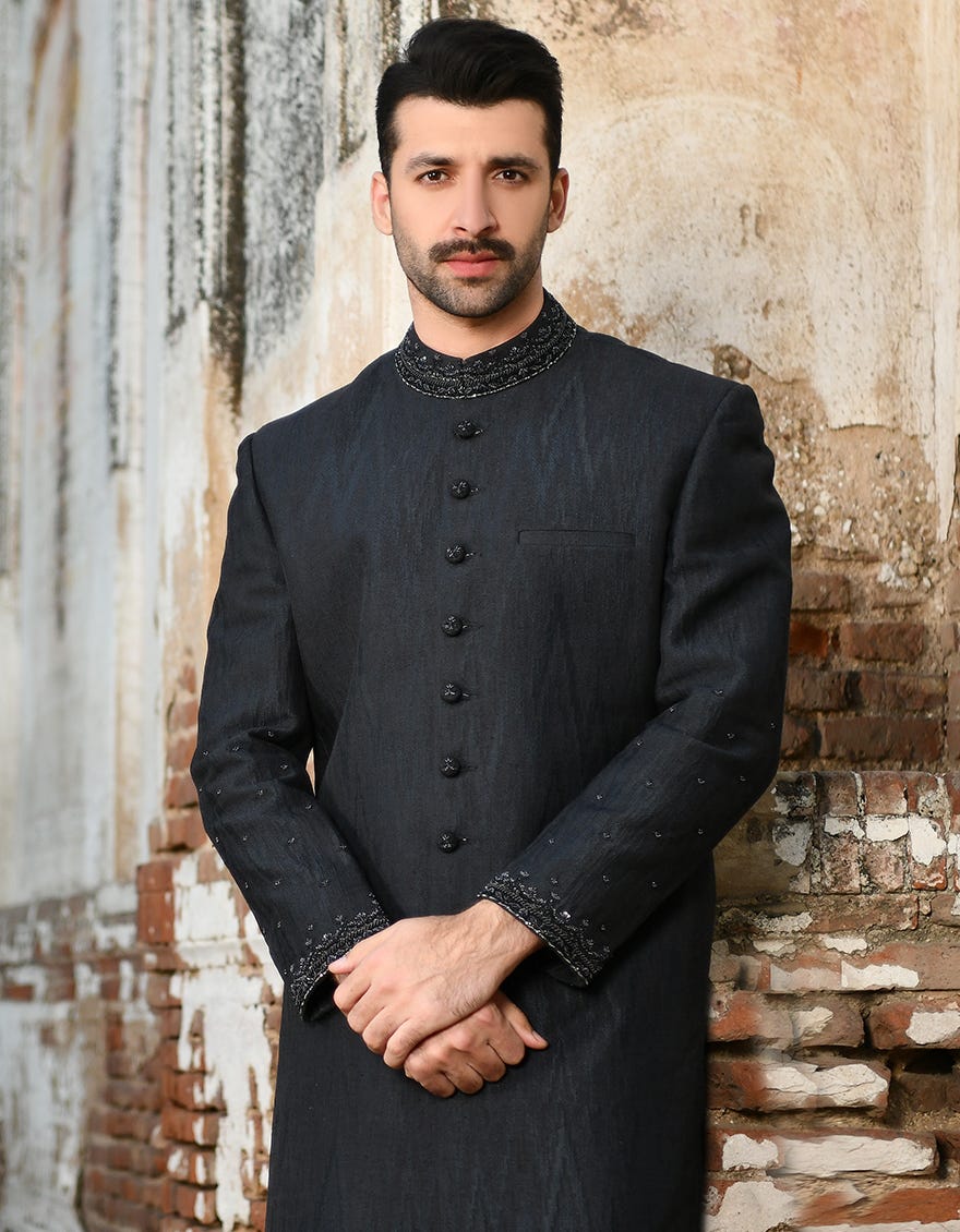 Black-Blue Sherwani | Jjsw-45128
