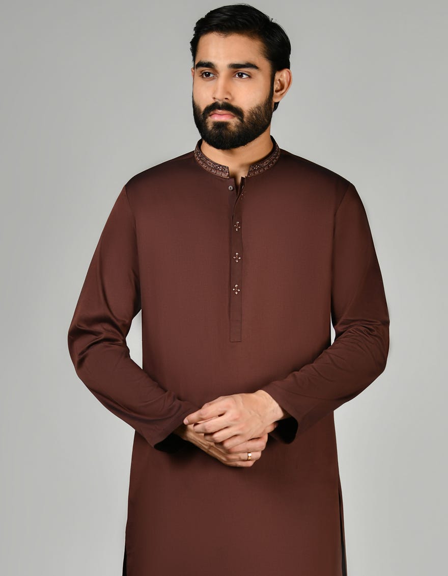 Chocolate Brown Cotton Men's Kameez Shalwar | Jjks-S-45372