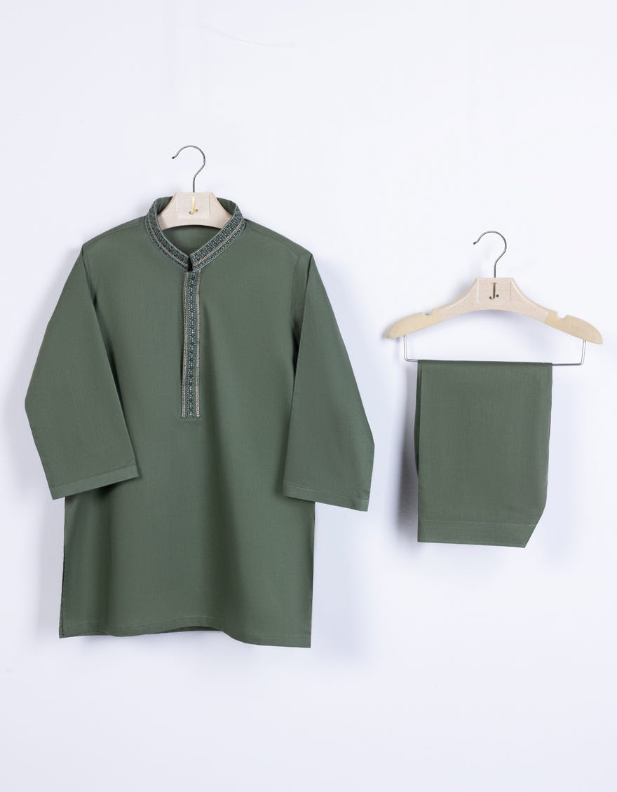 Olive Green Cotton Infant Kameez Shalwar | Jjiks-S-46258