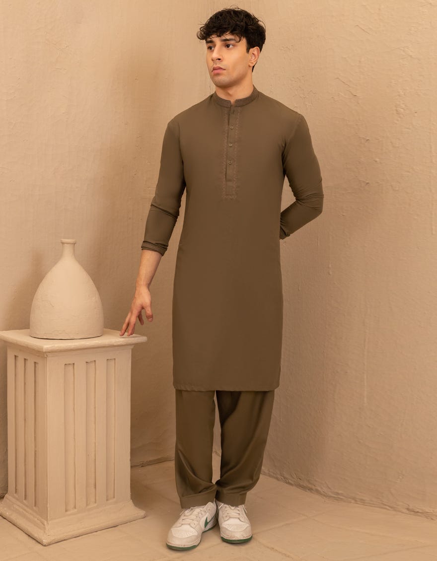 OLIVE GREEN BLENDED SEMI-FORMAL KAMEEZ SHALWAR