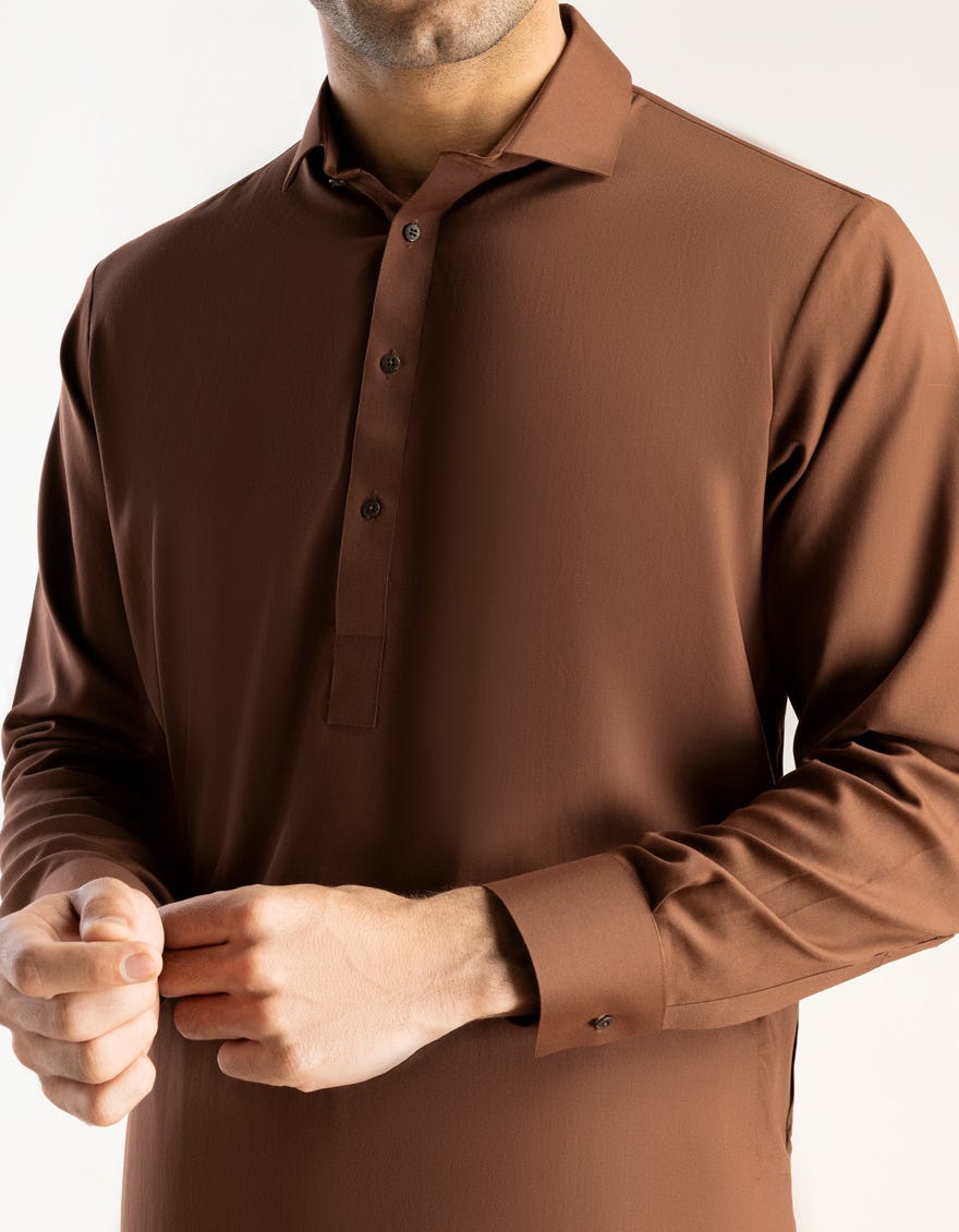 Brown Blended Men's Kameez Shalwar | Jjks-S-47005-R5-Ap