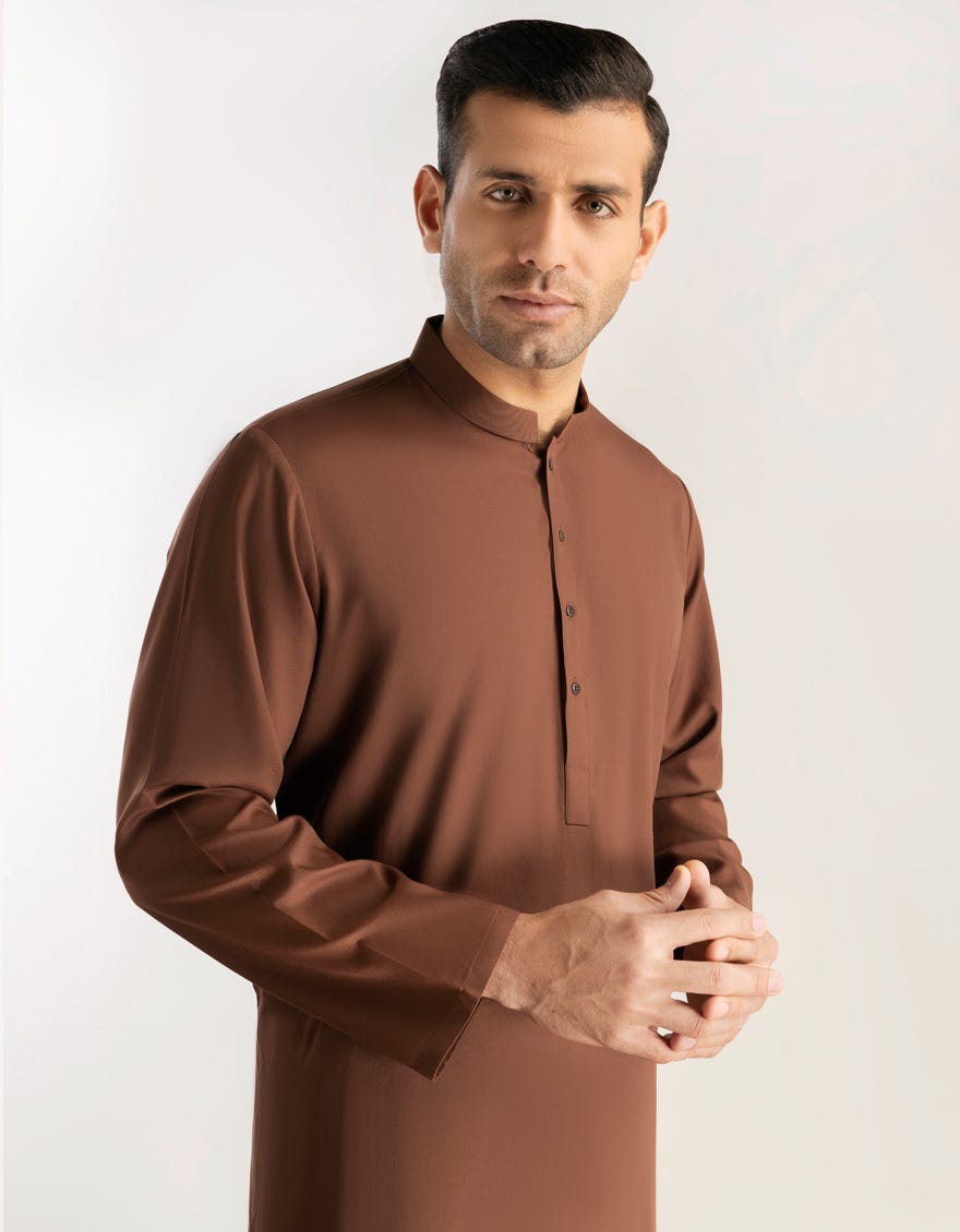 Brown Blended Men's Kameez Shalwar | Jjks-S-47006-R5-Ap