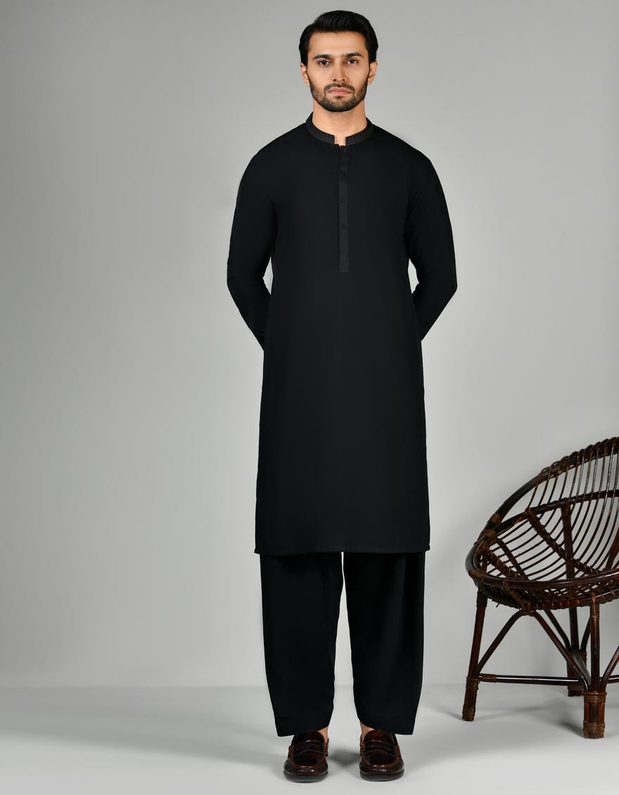 Black Cvc Men's Kameez Shalwar | Jjks-S-47088