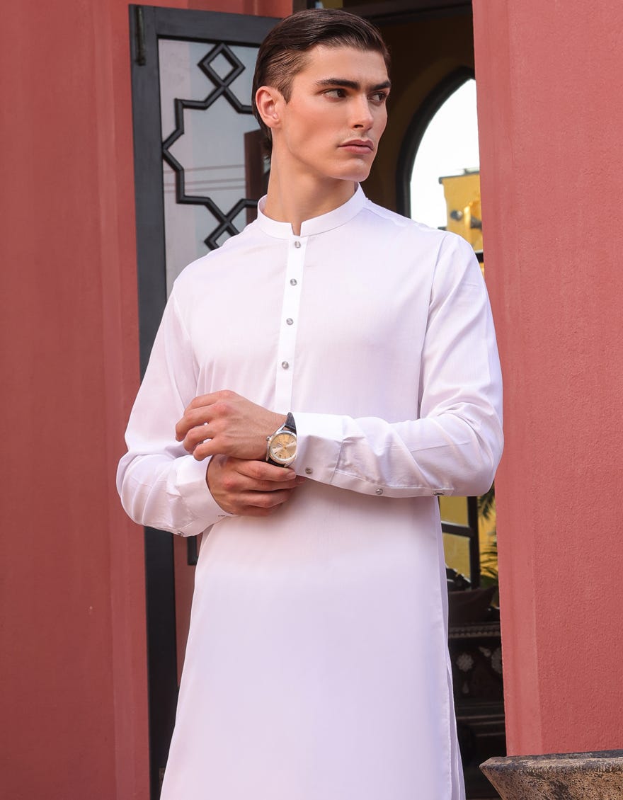 White Cotton Men's Kameez Shalwar | Jjks-S-47152