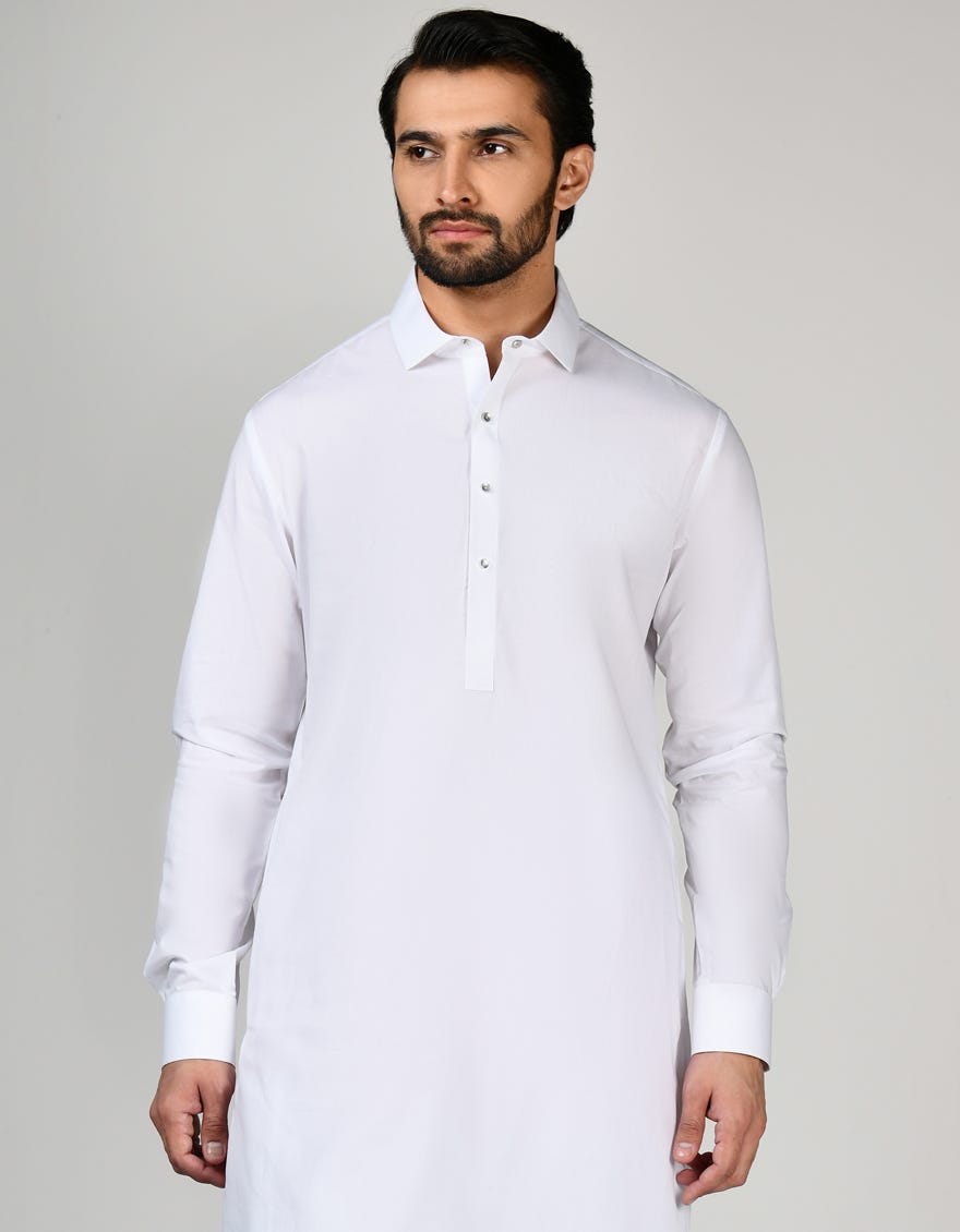 White Cotton Men's Kameez Shalwar | Jjks-A-47163