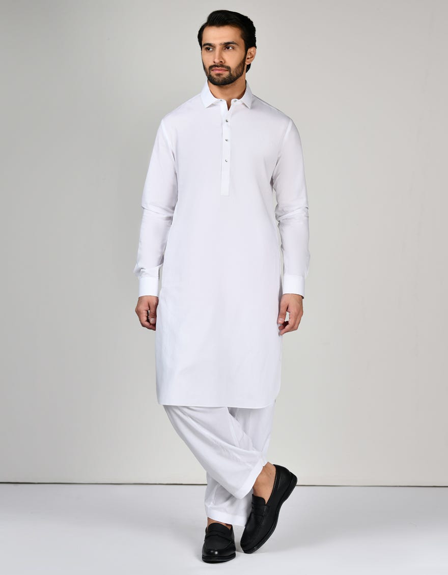 White Cotton Men's Kameez Shalwar | Jjks-A-47163
