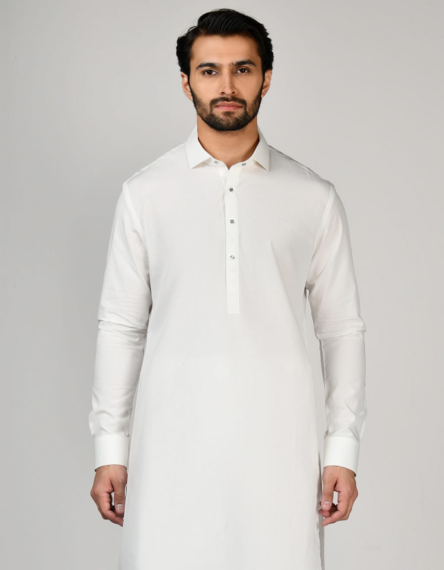 Dull White Cotton Men's Kameez Shalwar | Jjks-S-47165