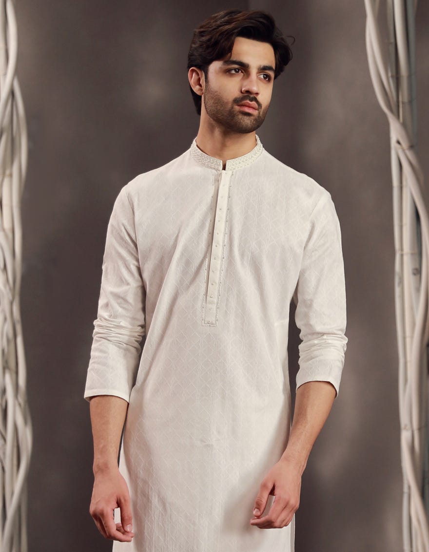WHITE SCHIFFLI COTTON KURTA | JJK-W-47279