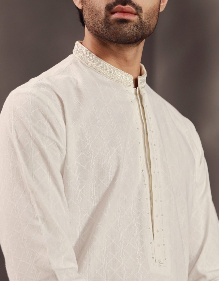 WHITE SCHIFFLI COTTON KURTA | JJK-W-47279