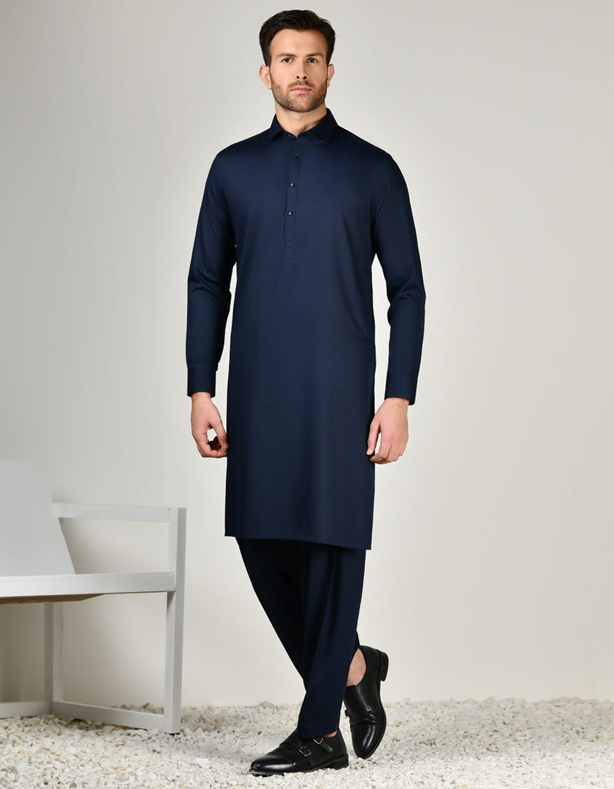 NAVY BLUE BLENDED CASUAL KAMEEZ SHALWAR | JJKS-A-47322