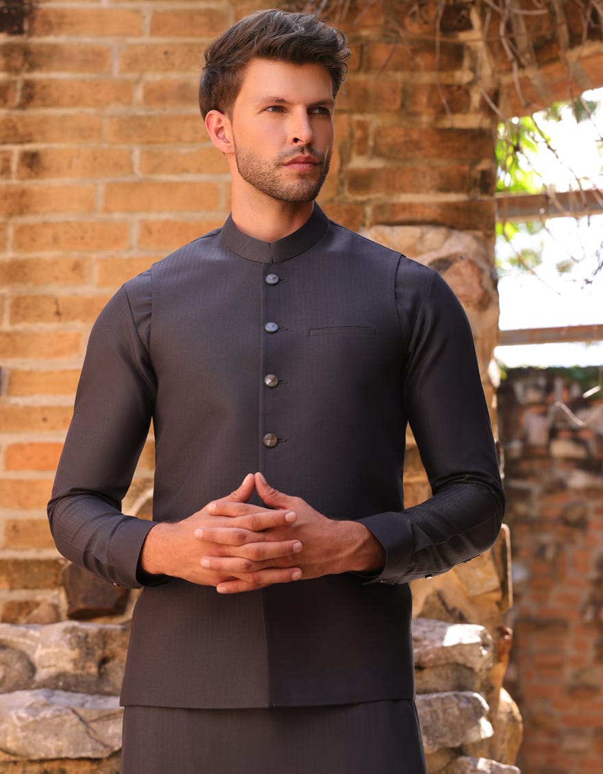 GREY BLENDED KAMEEZ SHALWAR & WAISTCOAT | JJKSVC-A-47390