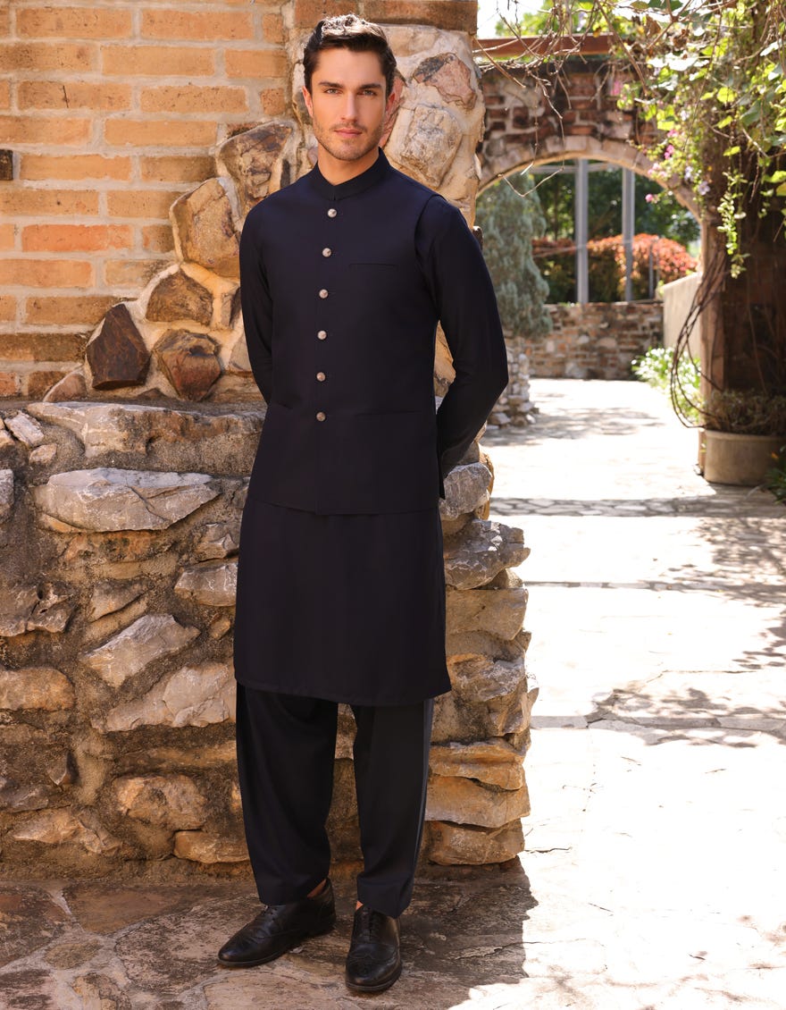 NAVY BLUE BLENDED KAMEEZ SHALWAR & WAISTCOAT | JJKSVC-A-47392
