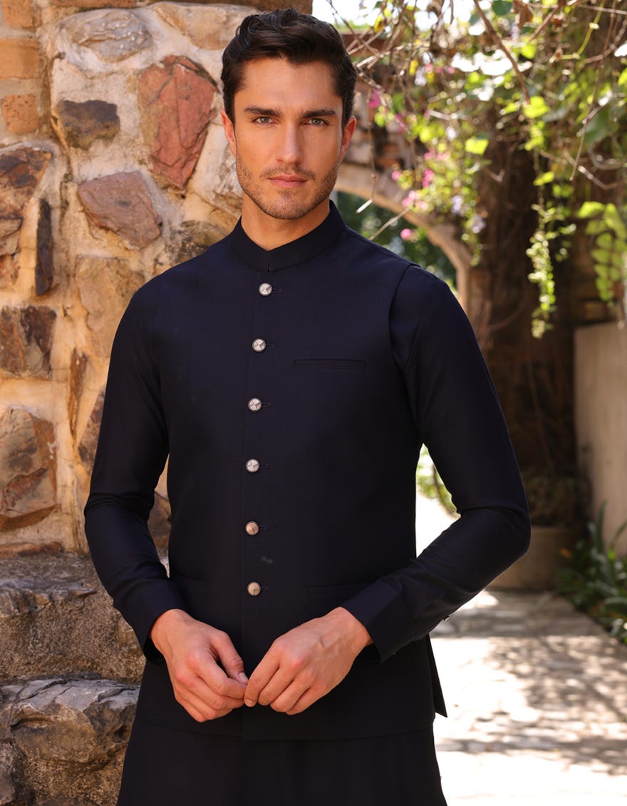 NAVY BLUE BLENDED KAMEEZ SHALWAR & WAISTCOAT | JJKSVC-A-47392
