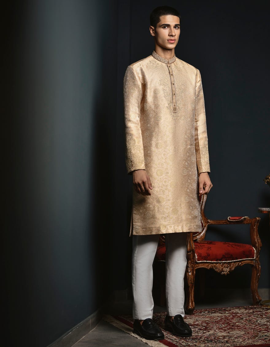 Gold-Beige Blended Special Teen Boy's Kurta | Jtk-Sp-A-48006