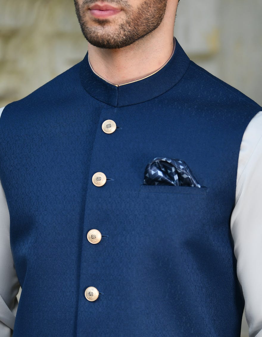 Navy Blue Blended Waist Coat | Jjvc-A-48070