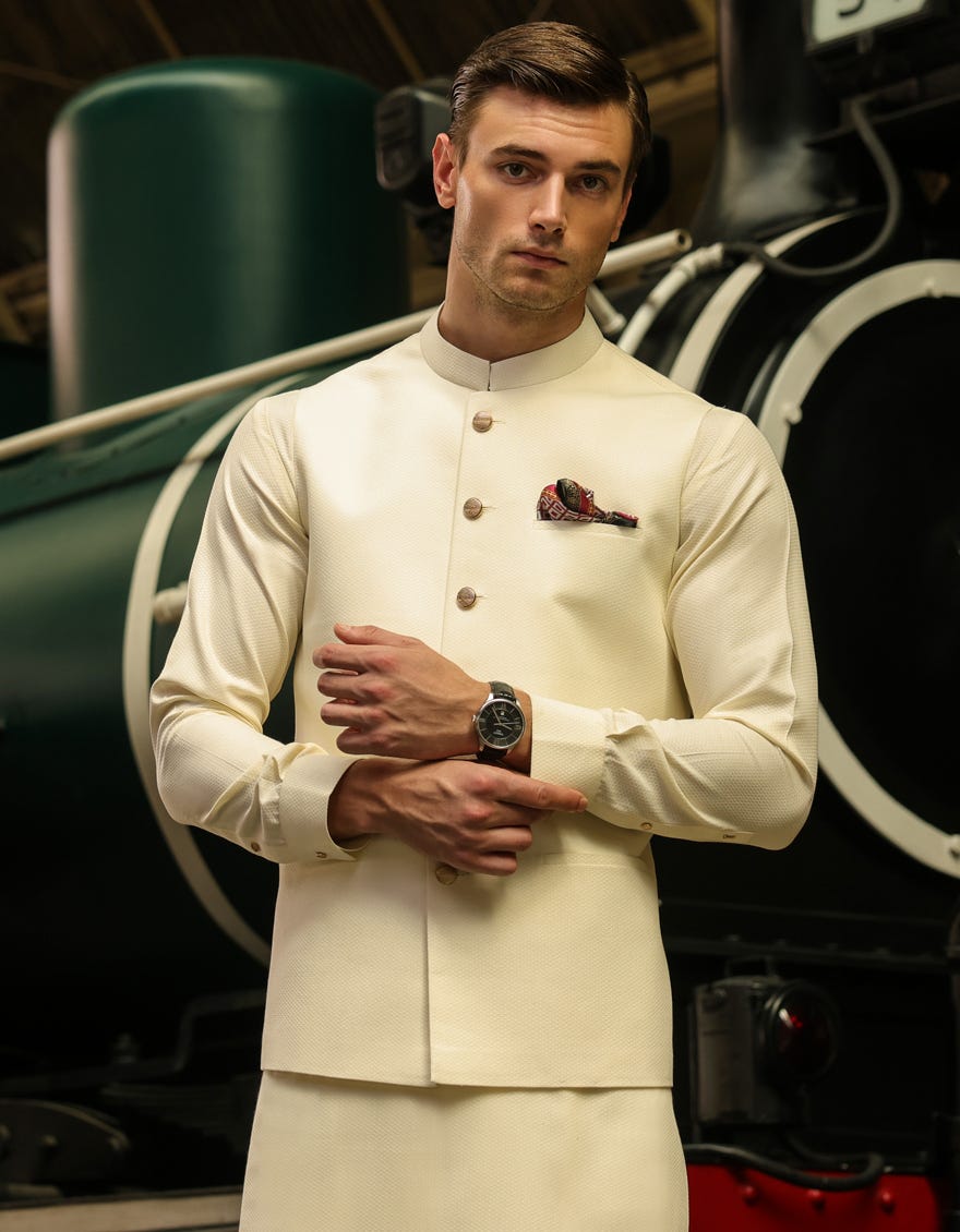Cream Blended Kameez Shalwar + Waistcoat | Jjksvc-A-48083